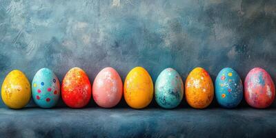 Colorful decorated eggs arranged in a row on a textured blue background during spring festivities photo