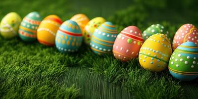 Colorful, decorated eggs in a row on bright green grass for Easter celebration in springtime photo
