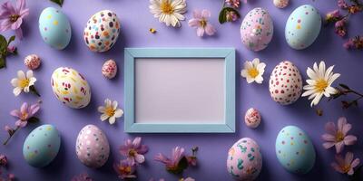 Colorful decorated Easter eggs surrounded by flowers and a blank frame on purple background creates a festive atmosphere for spring celebrations photo
