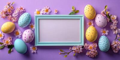 Colorful Easter eggs and flowers arranged around a blank frame on a purple background for holiday decoration and celebration photo