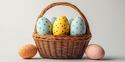 Colorful Easter eggs in a wicker basket with polka dots placed on a light background photo
