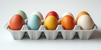 Colorful decorated eggs arranged in a cardboard carton for spring celebrations or festivals photo