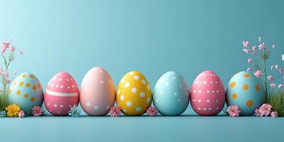 Colorful Easter eggs decorated with vibrant patterns displayed on a blue surface with flowers photo