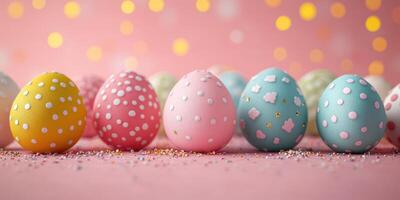 Colorful decorated eggs lined up on a pink background with sparkling lights in a festive atmosphere during Easter season photo