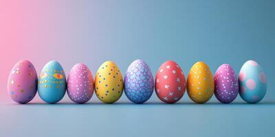 Brightly colored Easter eggs arranged in a row against a pastel background, perfect for spring celebrations and festive decorations photo