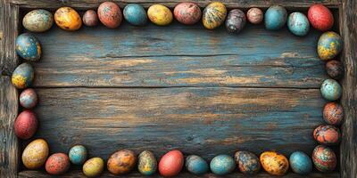 Colorful hand-painted eggs arranged in a decorative pattern on a rustic wooden background for a festive celebration photo