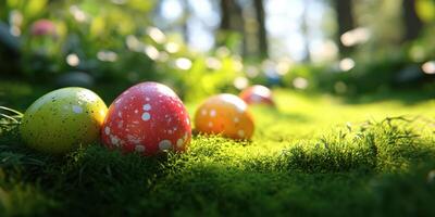 Colorful Easter eggs hidden in a lush green forest during springtime celebration photo