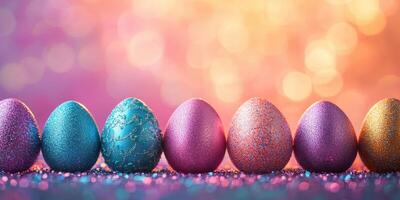 Colorful decorative Easter eggs lined up on a sparkling table with a vibrant background photo