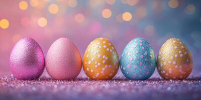 Colorful decorated Easter eggs arranged on a sparkling surface with a soft glow in the background photo