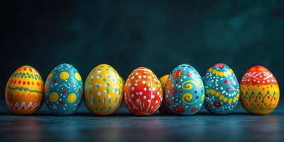 Colorful hand-painted eggs arranged in a decorative line for an Easter celebration on a dark background photo