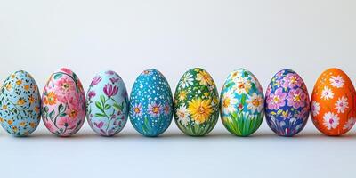 Colorful hand-painted Easter eggs arranged in a line showcasing detailed floral designs on a light background photo
