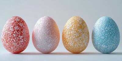 Brightly colored decorative eggs on display with intricate floral patterns for spring celebrations and festive occasions photo
