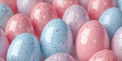 Colorful pastel eggs arranged in a decorative display, perfect for spring celebrations and Easter festivities photo