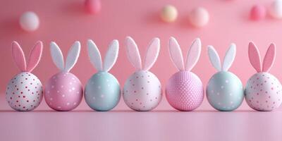 Colorful decorative eggs designed like bunnies arranged in a row on a pink background for Easter celebration photo
