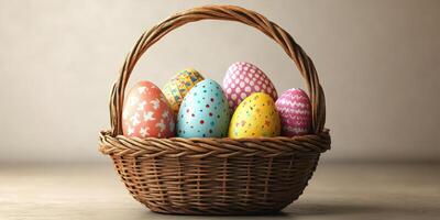 Decorative Easter egg basket filled with colorful eggs in various patterns, perfect for festive celebrations photo