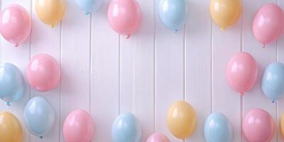 Colorful balloons hang on strings for a festive celebration in a bright room photo