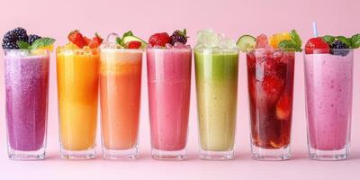 Vibrant assortment of colorful fruit smoothies arranged in tall glasses against a pink backdrop photo