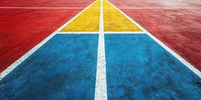 Colorful geometric patterns on a sports court create a vibrant outdoor activity space in bright daylight photo