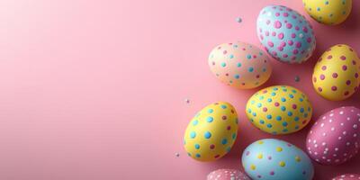 Colorful pastel eggs with polka dots arranged on a pink background for a spring celebration or Easter event photo
