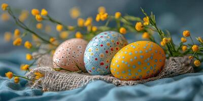 Vibrant Easter eggs adorned with colorful patterns nestled among flowers on a soft blue textile background photo