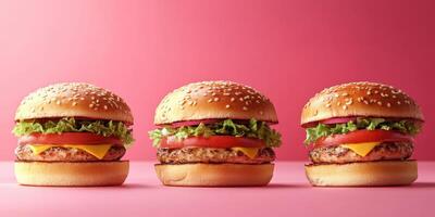 Delicious burgers with fresh ingredients lined up against a vibrant background photo