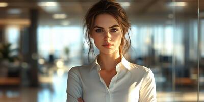 Young woman in a modern office setting expresses confidence during a busy workday in natural lighting photo