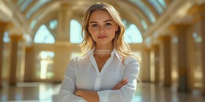 Young woman with long hair poses confidently inside a grand, well-lit architectural space with arched windows and elegant columns photo
