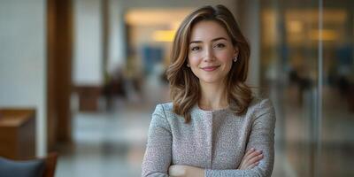 Professional woman standing confidently in a modern office setting during daylight hours photo