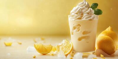 Delicious lemon cream dessert presented in a tall glass with whipped topping and fresh lemons on a light background photo