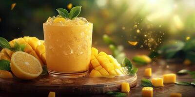 Refreshing tropical mango and lemon drink garnished with mint on a wooden surface in natural light photo