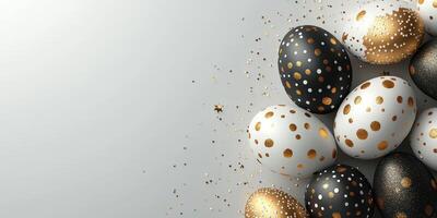 Elegant decorative Easter eggs arranged artistically on a neutral background with sparkling confetti scattered around photo