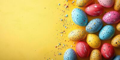 Colorful decorated eggs scattered on a bright yellow background for spring celebrations photo