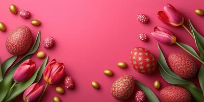 Colorful display of decorated eggs and tulips for Easter celebration on vibrant pink background photo