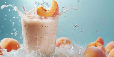 Refreshing peach smoothie with splashes and fresh fruit on display during a sunny afternoon photo