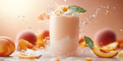 Refreshing peach smoothie splashes energetically with fruit pieces and mint during a sunny afternoon photo