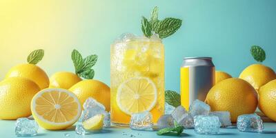 Refreshing lemon drink with mint, ice, and lemons on a vibrant blue backdrop during sunny day photo