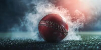 Red cricket ball sits on turf surrounded by smoke during evening play at a sports field photo