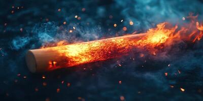 Burning log emits vibrant flames and sparks at night, creating an enchanting atmosphere with swirling smoke photo