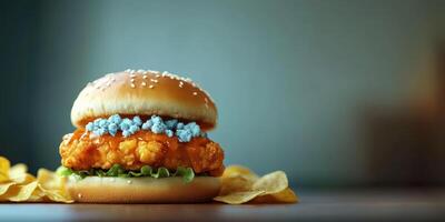 Crispy chicken sandwich with colorful toppings served on a wooden table photo