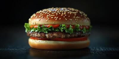 Juicy hamburger with fresh vegetables and sauce served on a sesame seed bun for a delicious meal photo