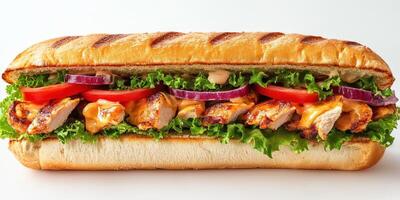 Delicious sandwich filled with grilled chicken, fresh vegetables, and savory sauce on a toasted sub roll photo