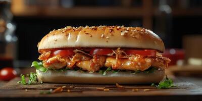 Juicy chicken sandwich topped with fresh vegetables served on a sesame seed bun in a cozy dining environment photo