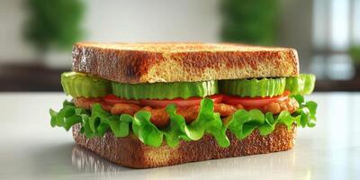Freshly made sandwich with crispy chicken, lettuce, tomato, and cucumber on toasted bread in a bright setting photo