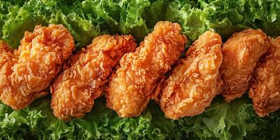 Crispy fried chicken pieces arranged on fresh green lettuce leaves for a delicious meal photo