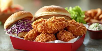 Crispy fried chicken served with sandwiches and sides in a casual dining setting at lunchtime photo
