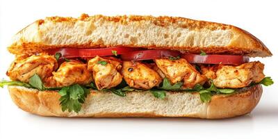 Chicken sandwich with fresh tomatoes and cilantro on a soft hoagie roll prepared for a delicious lunch option photo