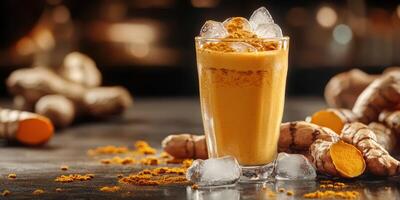 Refreshing turmeric drink with ice served in a clear glass alongside fresh turmeric roots in a cozy setting photo