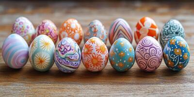 Beautifully decorated eggs arranged on a wooden surface for spring celebration and festivities photo