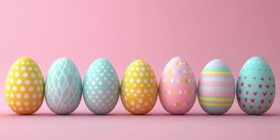 Colorful decorated eggs arranged on a pastel pink background for an Easter celebration in springtime photo