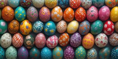 Vibrant collection of intricately decorated Easter eggs arranged in colorful patterns during spring celebration photo